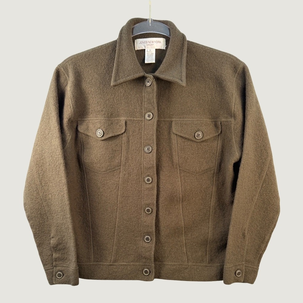 Jones New York Sport 100% Wool Button Front Utility Jacket Olive Green Small